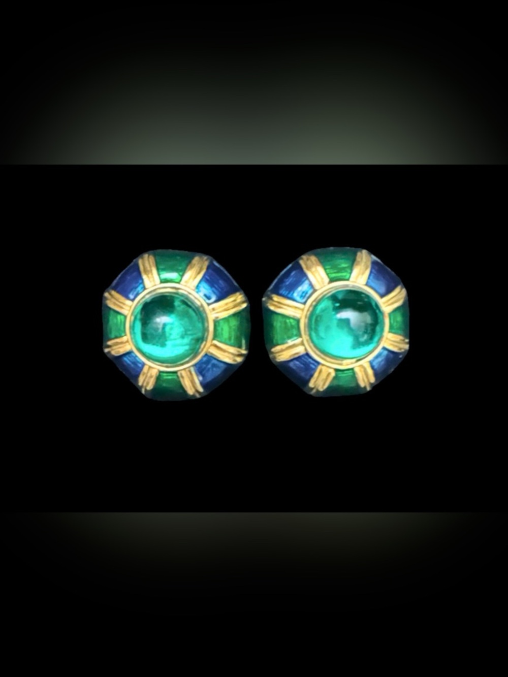 Green and Blue Enamel Round Cabochon Clip-On Earrings